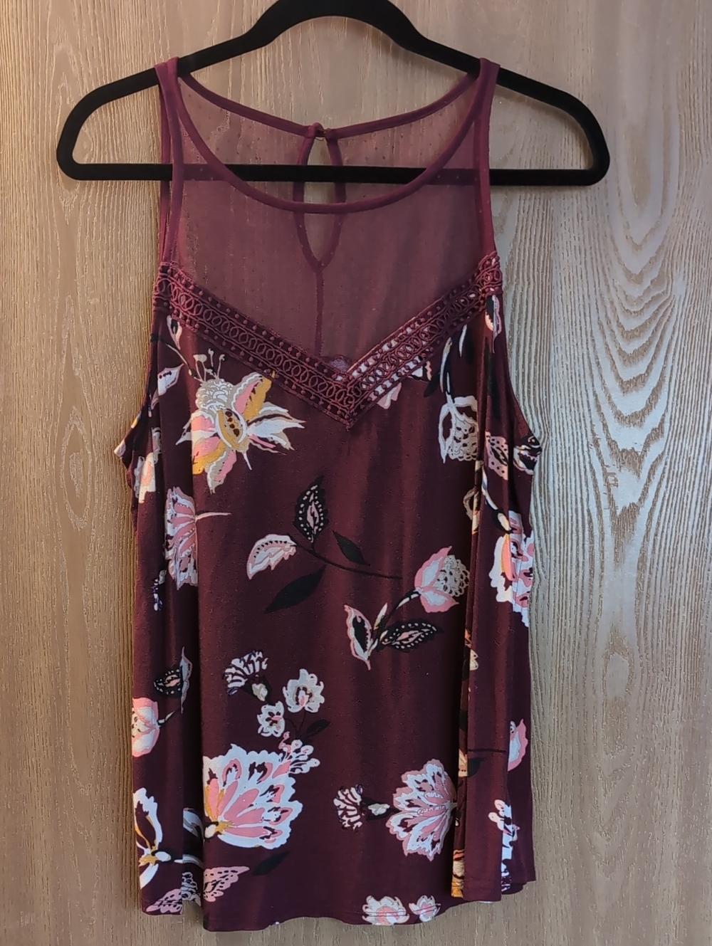 Maurices Floral Mesh Yoke Tank Top - Burgundy